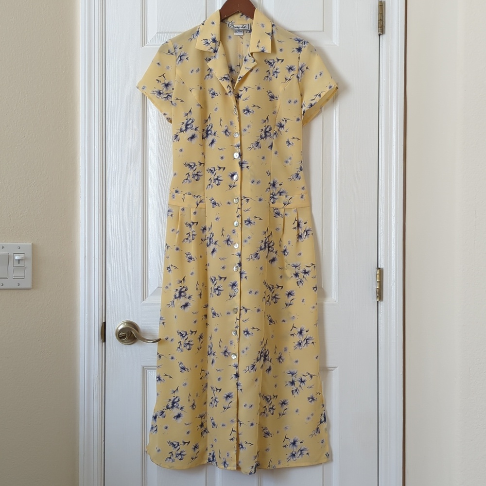Christy Lyn 90's Vintage Floral Short Sleeve Button Front Midi Dress Yellow 4
